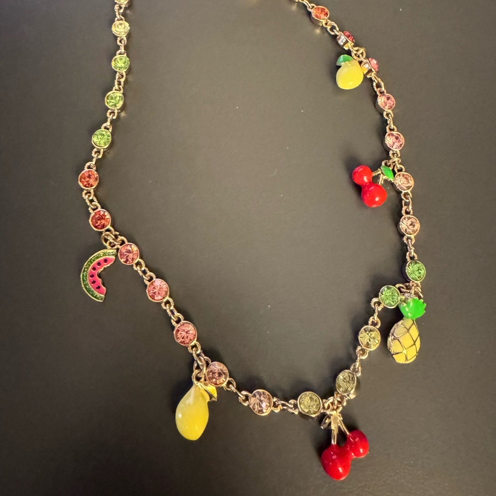 BETSEY JOHNSON CRYSTAL & FRUIT CHARM 18”+ NECKLACE